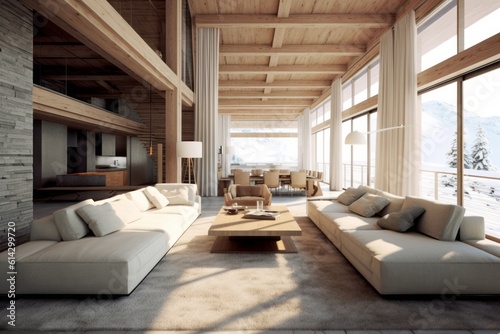 The interior of a chalet is typically characterized by a minimalist aesthetic. Neutral color palettes, clean surfaces, and uncluttered spaces contribute to a sense of calm and serenity. Generative AI © bluebeat76