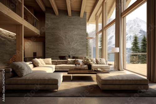 The interior of a chalet is typically characterized by a minimalist aesthetic. Neutral color palettes, clean surfaces, and uncluttered spaces contribute to a sense of calm and serenity. Generative AI