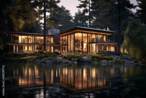 A modern lodge in a forest setting aims to blend seamlessly with its natural surroundings. The architecture takes inspiration from the surrounding environment. Generative AI © bluebeat76