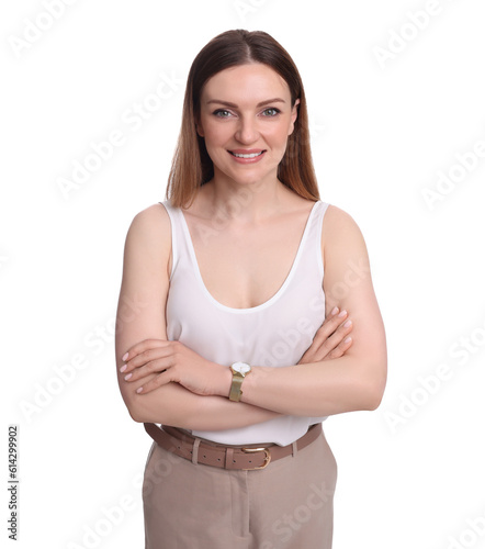 Beautiful happy businesswoman crossing arms on white background © New Africa
