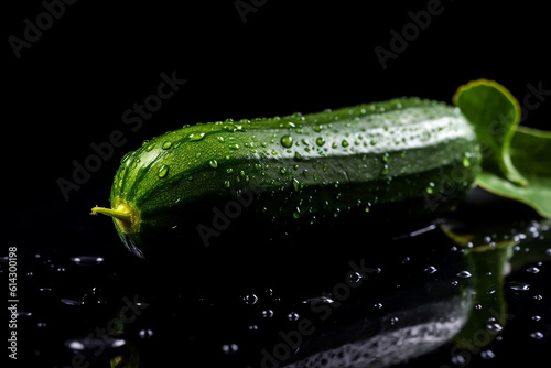 A perfect Singular cucumber sitting on a shiny surface with a black background AI generated art  Generative AI  illustration 