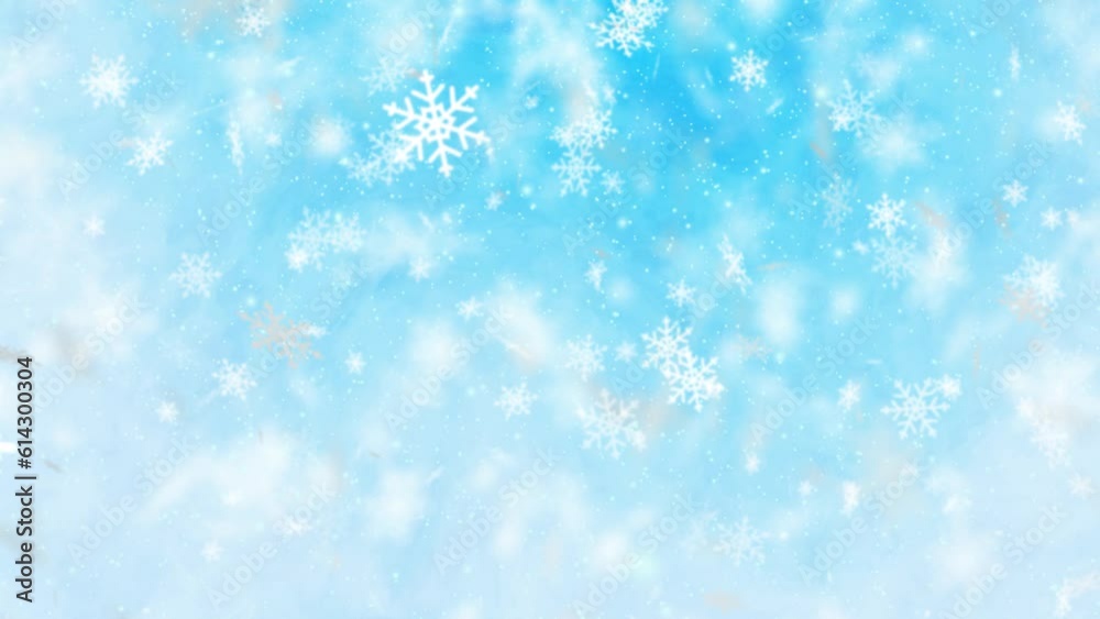 3D winter snow flakes animated particles on blue gradient background.