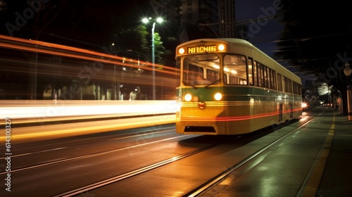 a photo of a tram at night sky in a city driving in motion with light trails at a stop tram station. Generative AI 