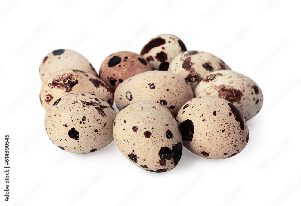Many speckled quail eggs on white background Many speckled quail eggs on white background