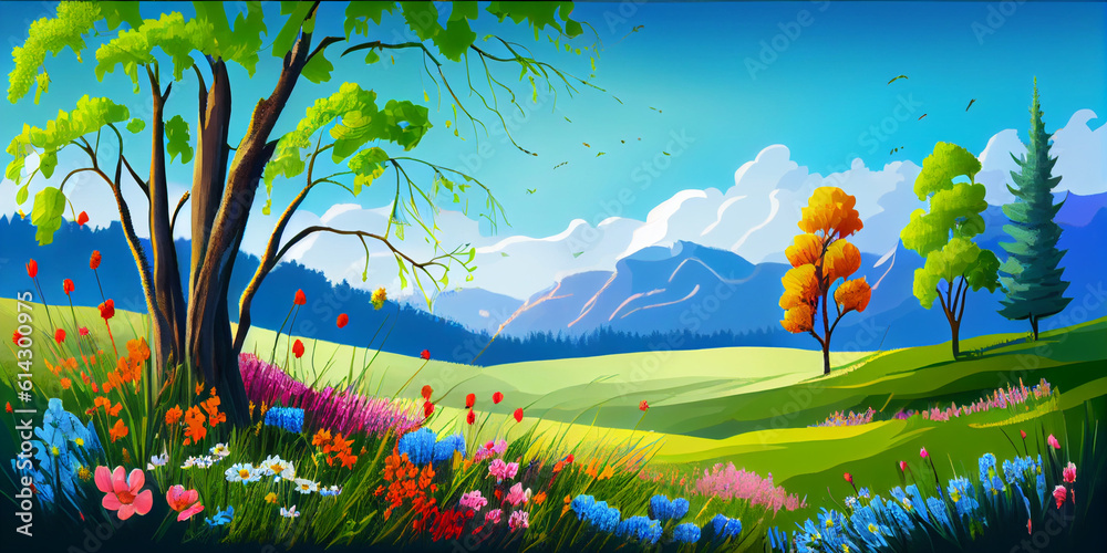 A view into the distance and a spacious landscape of a beautiful flowering and green summer meadow. Generative AI
