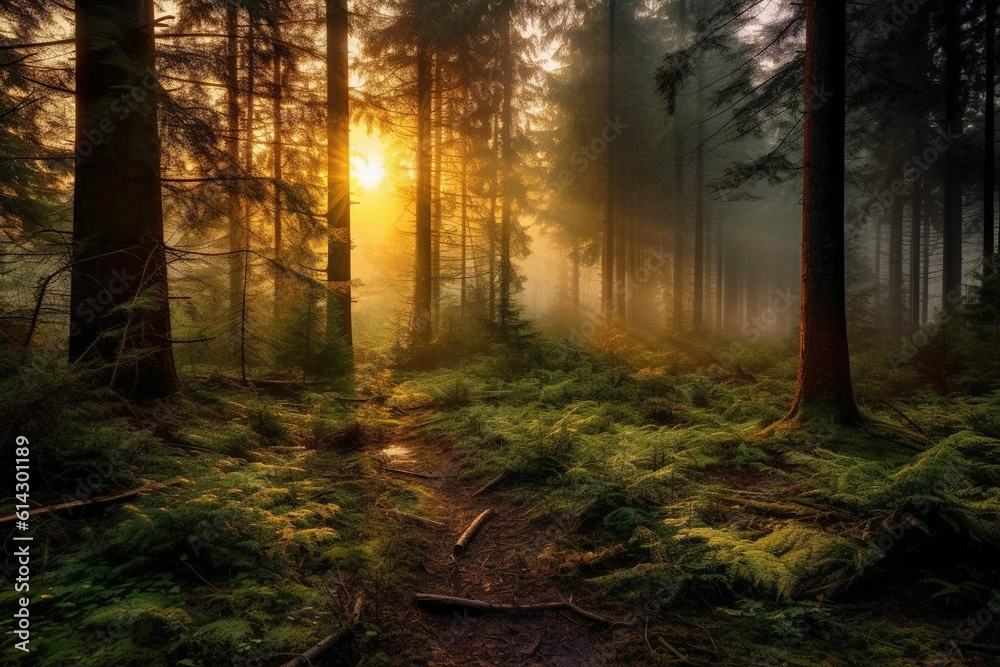 sunrise in the forest and fog in the forest with AI-Generated Images