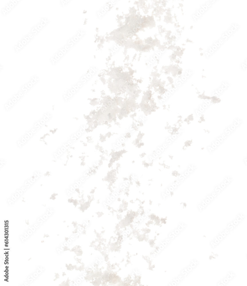 Crystal Salt flying explosion, flake white grain salts explode abstract cloud fly. Big size salt splash in air, food object element design. White background isolated high speed freeze motion