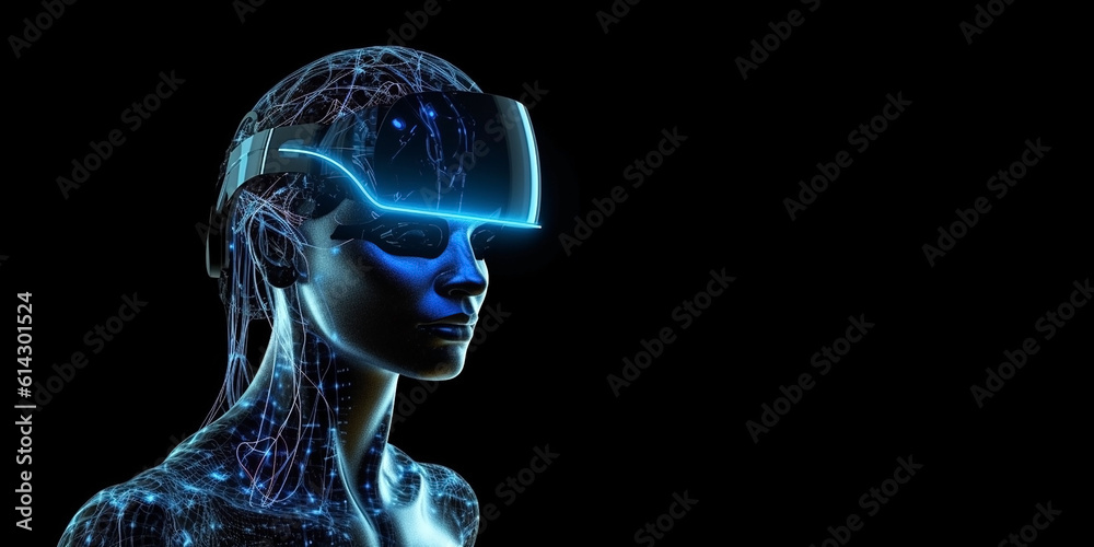Portrait of a humanoid female robot in a virtual reality helmet, on an isolated background and close-up. Generative AI