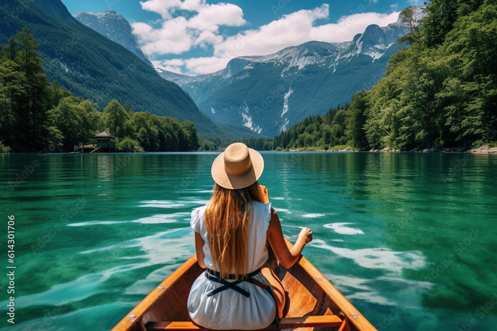 back view of Young woman canoeing in the lake bohinj on a summer day, background alps mountains