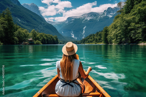 back view of Young woman canoeing in the lake bohinj on a summer day, background alps mountains © Boraryn