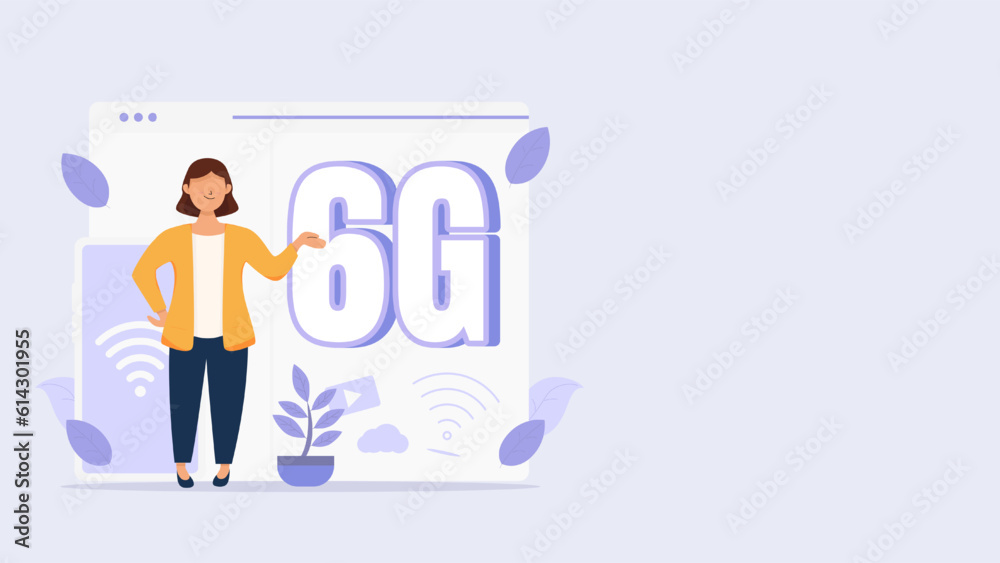 6G network technology, Young adult famale with smartphones using wireless fast internet, Vector Flat Illustration 6G network technology, Young adult famale with smartphones using wireless fast internet, Vector Flat Illustration