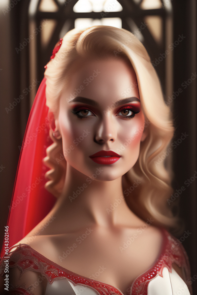 A gothic blonde bride in a red and white dress in the church. Generative AI_2. A gothic blonde bride in a red and white dress in the church. Generative AI_2.