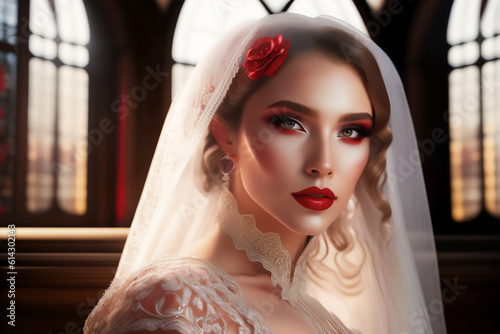 A gothic blonde bride in a red and white dress in the church. Generative AI_4. photo