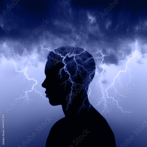 black silhouette profile surrounded by blue storm clouds and lightning, generative AI