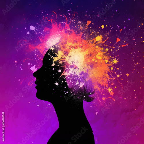 black silhouette profile of a woman with an explosion of color on her head, generative AI