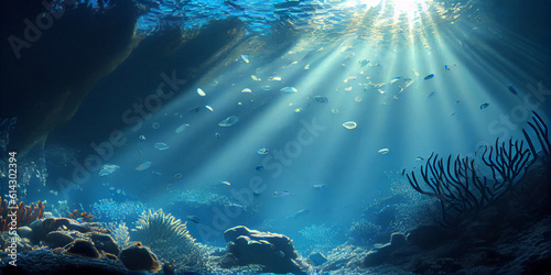 The rays of the sun under water and the seabed. Generative AI