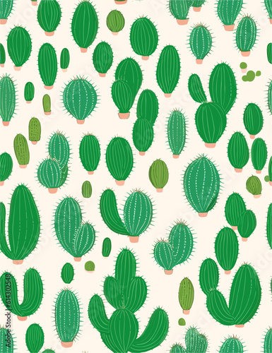 Vector seamless pattern with different cactus. Bright repeated texture with green cacti. Natural hand drawing background with desert plants.