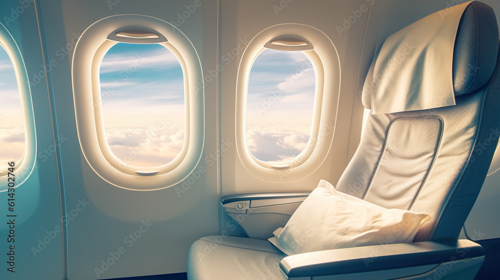 An airplane seat with a pillow on it. Generative AI.