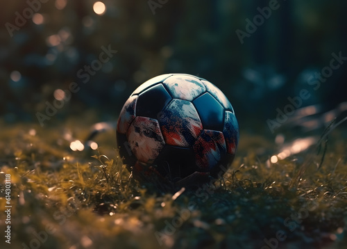 Closeup soccer ball on the grass in the backyard Generative AI