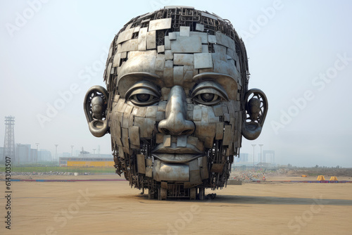 A large steel head sculpture stands in a square