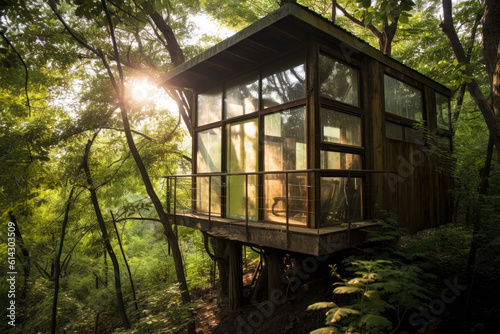 A tree house is set high up in the forest