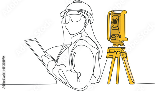 Close up of Caucasian worker with helmet on head using tablet for work while standing in warehouse. Surveyor with a tripod icon. Geodesic tripod. Vector illustration