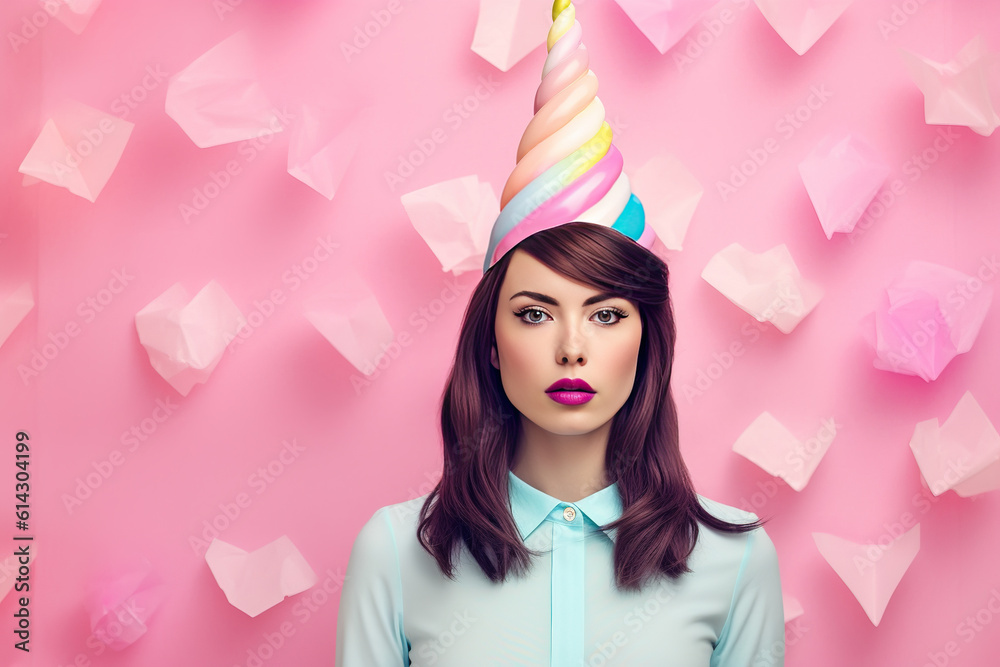 Fototapeta premium Portrait of a beautiful girl in pastel vivid colors. Spring, beauty, hairstyle. Generative AI.
