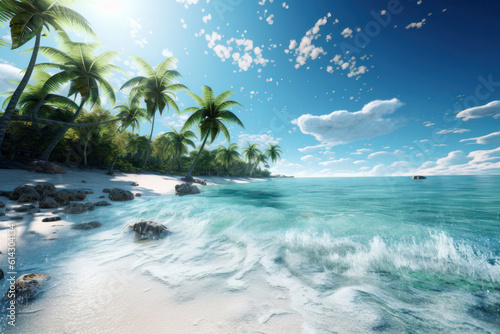 Bask in the natural beauty of a tropical beach with palm trees and rocky cliffs, where the sounds of the ocean calm the soul. AI generative serenity at its best.
