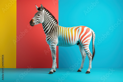 Colorful zebra against blue background  with copy space. Stand out concept  be different. Ai generative.