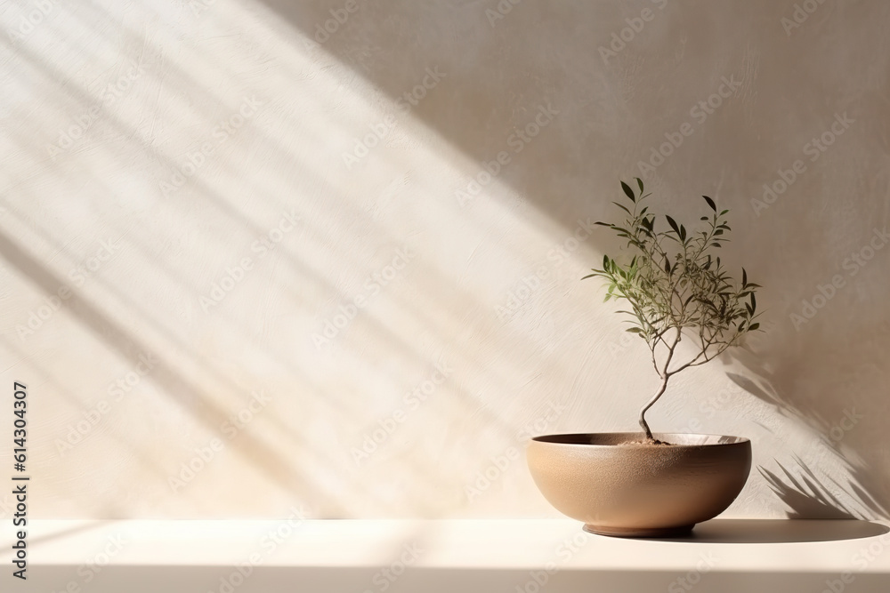 Minimal beige wall with shadow and warm light beam on stucco wall. Suitable for product presentation, display, and mock up. Ai generative Minimal beige wall with shadow and warm light beam on stucco wall. Suitable for product presentation, display, and mock up. Ai generative