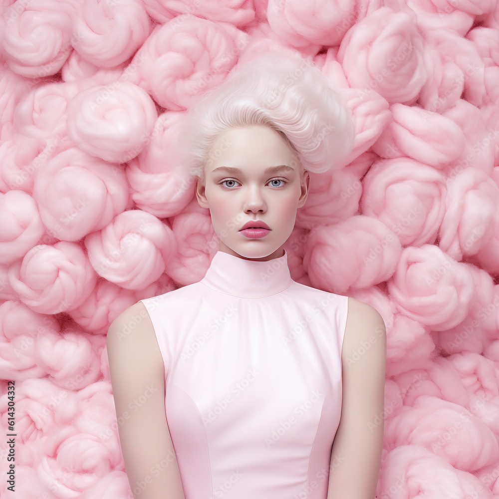 Portrait of a beautiful woman with cotton candy hair. Pastel pink, spring, hairstyle, love, emotions, feminine. Ai generative Portrait of a beautiful woman with cotton candy hair. Pastel pink, spring, hairstyle, love, emotions, feminine. Ai generative