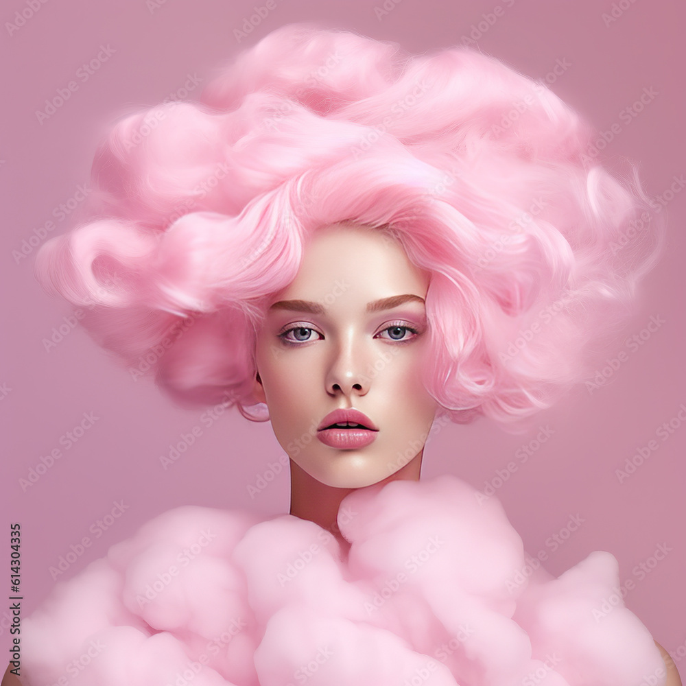Portrait of a beautiful woman with cotton candy hair. Pastel pink, spring, hairstyle, love, emotions, feminine. Ai generative Portrait of a beautiful woman with cotton candy hair. Pastel pink, spring, hairstyle, love, emotions, feminine. Ai generative
