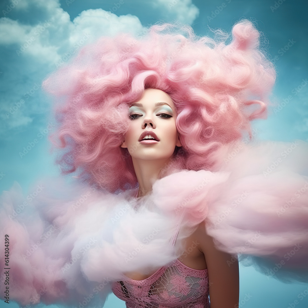 Portrait of a beautiful woman with cotton candy hair. Pastel pink, spring, hairstyle, love, emotions, feminine. Ai generative Portrait of a beautiful woman with cotton candy hair. Pastel pink, spring, hairstyle, love, emotions, feminine. Ai generative