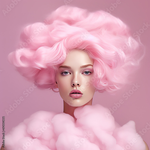 Portrait of a beautiful woman with cotton candy hair. Pastel pink  spring  hairstyle  love  emotions  feminine. Ai generative