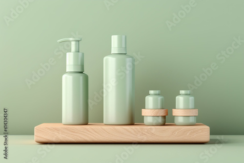 Cosmetics branding mock-up, bottles and containers on pastel green background. Product presentation. Beauty and body care product concept. Ai generative