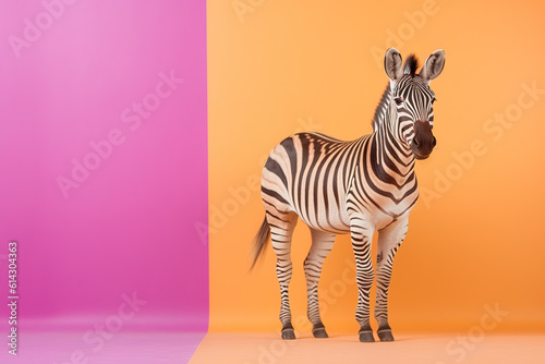Zebra against colorful stripes background, with copy space. Stand out, paint some color. Ai generative