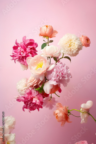 Beautiful fresh spring flowers levitating against pink background. Sping, summer, floral background. Ai generated. Illustration