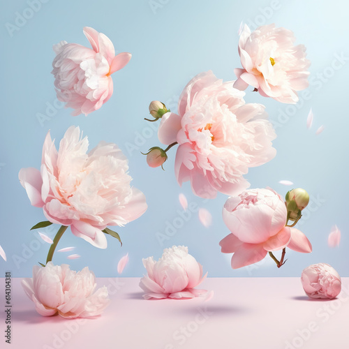 Beautiful fresh spring flowers levitating against pink background. Sping, summer, floral background. Ai generated. Illustration