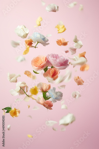 Beautiful spring flowers flying in the air, against pink background; Creative spring floral layout. Minimal birthday, valentines or wedding concept. AI generated