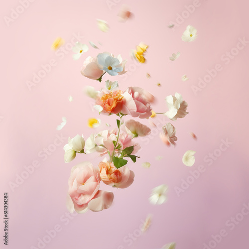 Beautiful spring flowers flying in the air, against pink background; Creative spring floral layout. Minimal birthday, valentines or wedding concept. AI generated