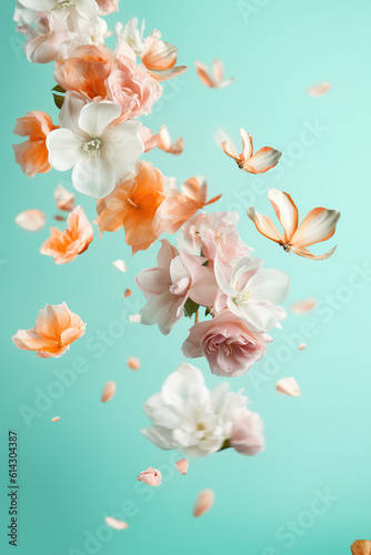 Beautiful spring flowers flying in the air, against teal background; Creative spring floral layout. Minimal birthday, valentines or wedding concept. AI generated. Illustration.