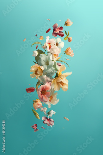 Beautiful spring flowers flying in the air, against teal background; Creative spring floral layout. Minimal birthday, valentines or wedding concept. AI generated. Illustration.