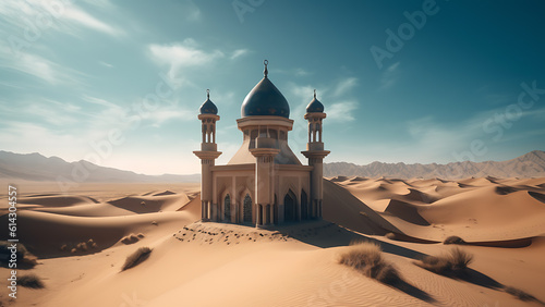 blue mosque in the desert and blue sky ai generated