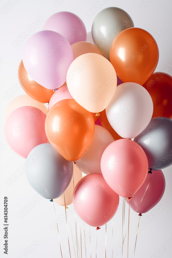 fliegende bunte Ballons in vielen verschiedenen Farben auf hellem Hintergrund. Hochkant. Hochformat. Generative Ai.