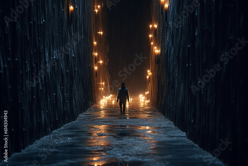 광활하게 둘러싸인 좁은 길을 촛불을 들고 걷는 남자의 뒷모습 실루엣. 인공지능 생성 © SANGHYUN