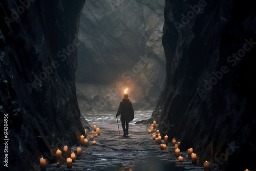 광활하게 둘러싸인 좁은 길을 촛불을 들고 걷는 남자의 뒷모습 실루엣. 인공지능 생성