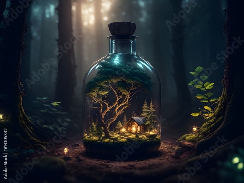 a tiny hut inside a jar in the forest, illustration, AI generative © Lyoth