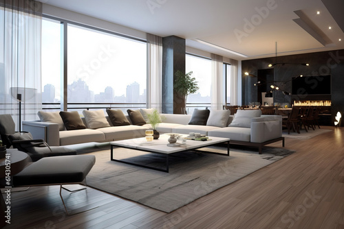 big modern living room with a city view and high ceilings, and a fireplace © QuantumVisions