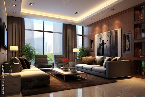 big modern living room with high ceilings and a neutral beige color palette. © QuantumVisions