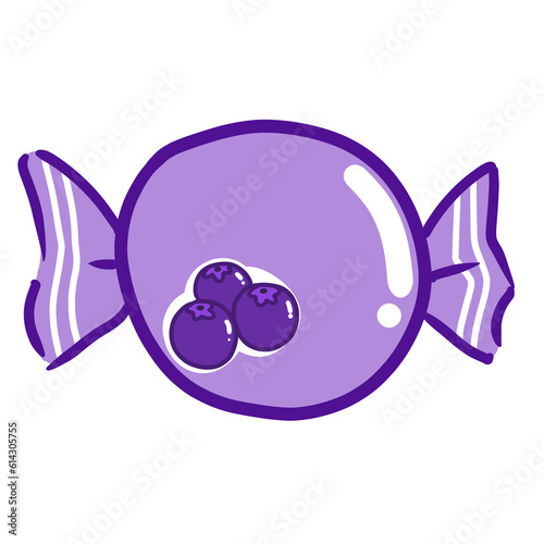 Purple candy with grape flavor. Hand drawing cartoon.
